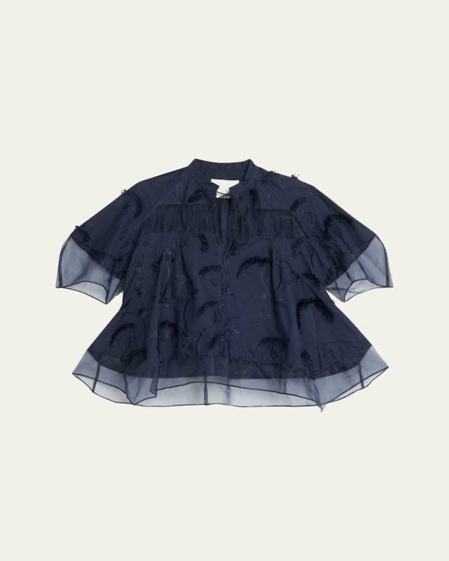 Short-Sleeve Embroidered Organza Flounce Top